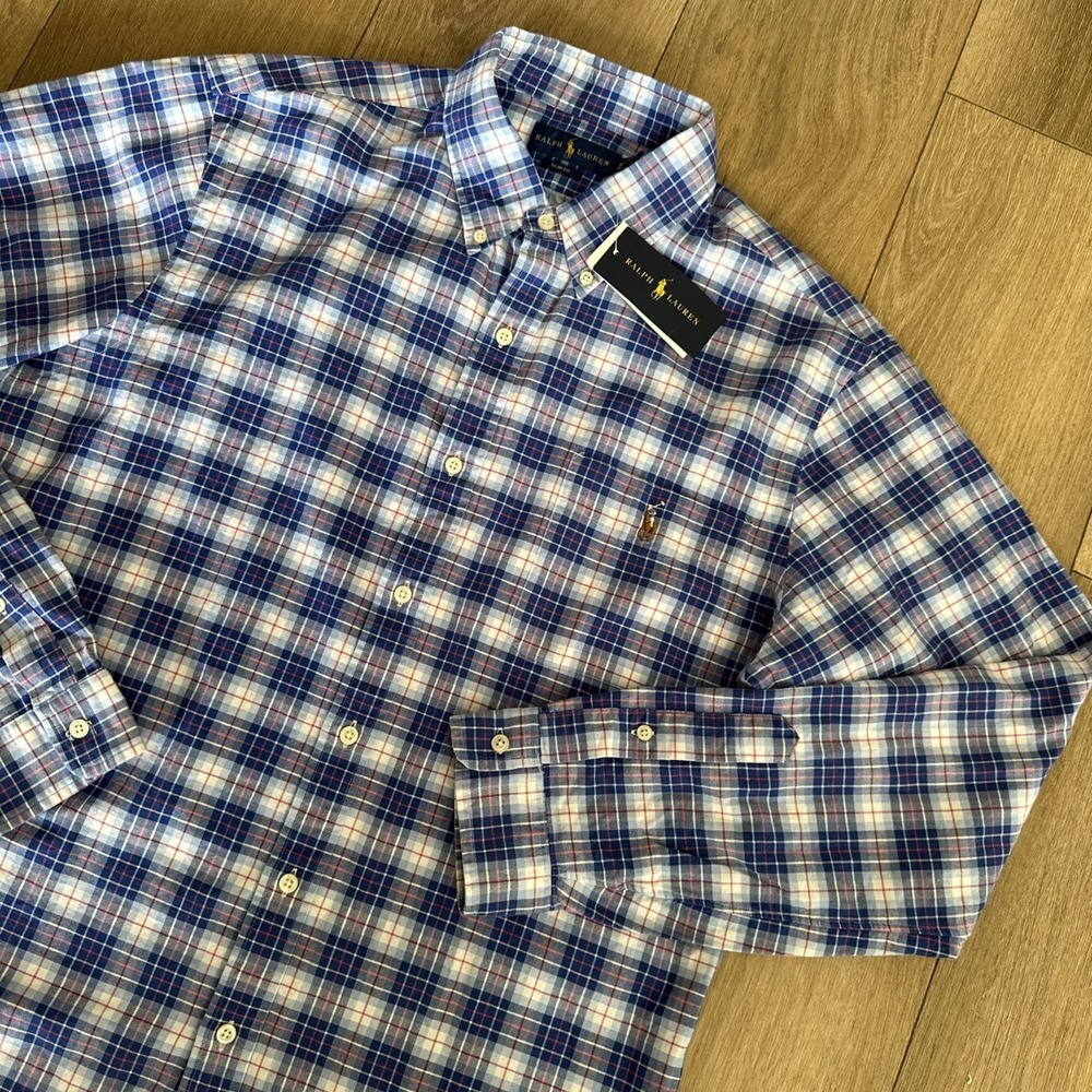 NWT Polo Ralph Lauren Men's Button Down Slim Fit Blue Plaid Oxford XL Flesh Pony